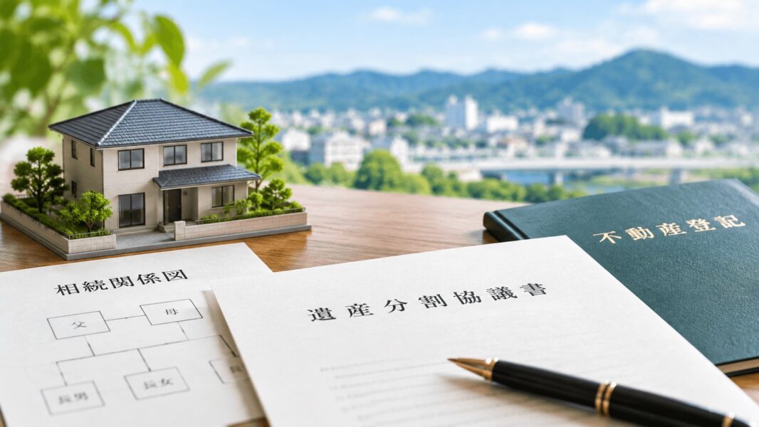 住宅の模型と相続関係図、遺産分割協議書を配置した不動産相続のイメージ