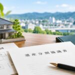 住宅の模型と相続関係図、遺産分割協議書を配置した不動産相続のイメージ